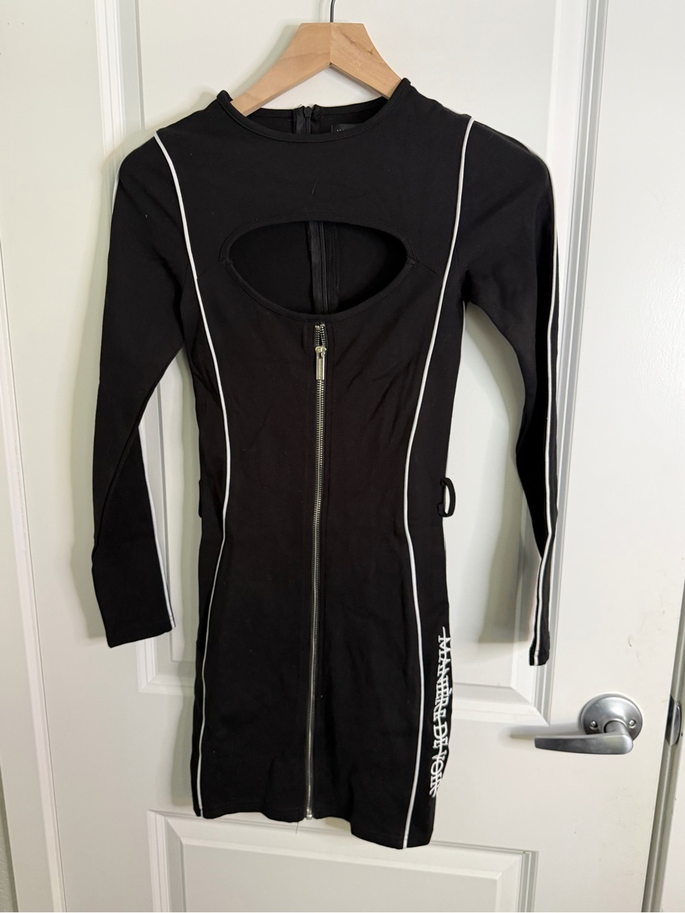 Maniere De Voir Black Mini Dress with White Piping and Front Cutout